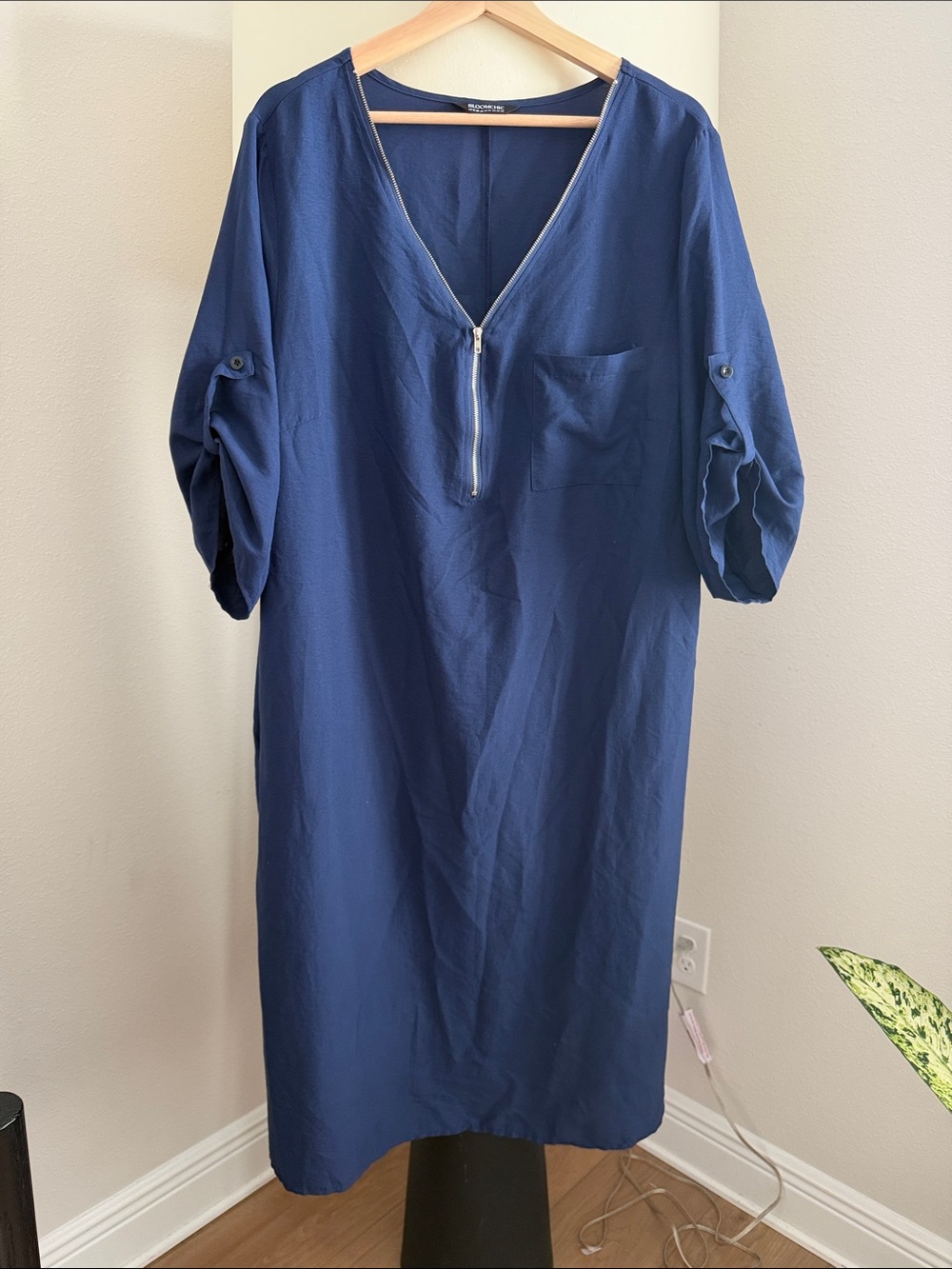 BloomChic Navy Zip-Front Midi Shift Dress